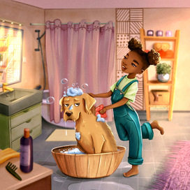 Девочка купает лабрадора