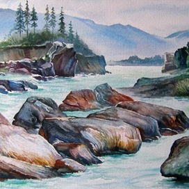 Река Катунь.Каменистая гряда.Акварель.