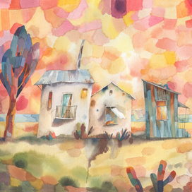 Розовое небо. Дом у моря.