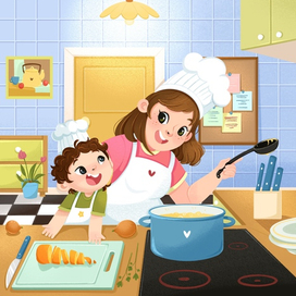 Иллюстрация головоломка для детской книги. Сцена готовки 