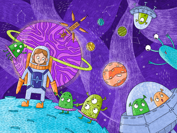 Детская книжная иллюстрация с пришельцами и девочкой