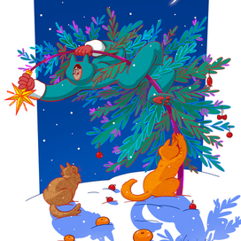 Женщина-кошка и её кошки наряжают ёлку.