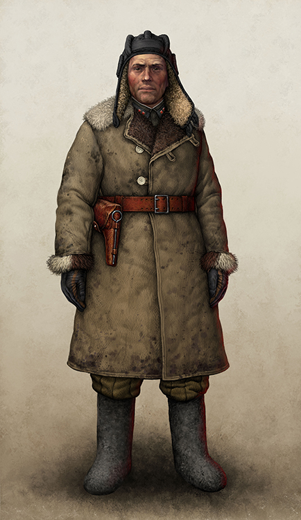 Командир в полушубке, в суконной гимнастерке без окантовки и танкошлеме на меху