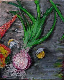 Green onions on a gray background