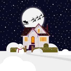 Новогодний дом с герляндой и снеговиком