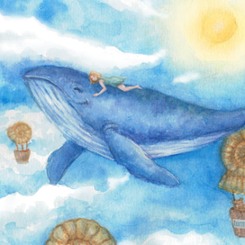 Иллюстрация с китом и девочкой в облаках