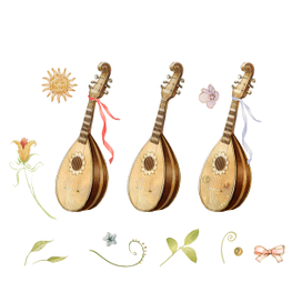 Лютня и  декоративные украшения в средневековом стиле.