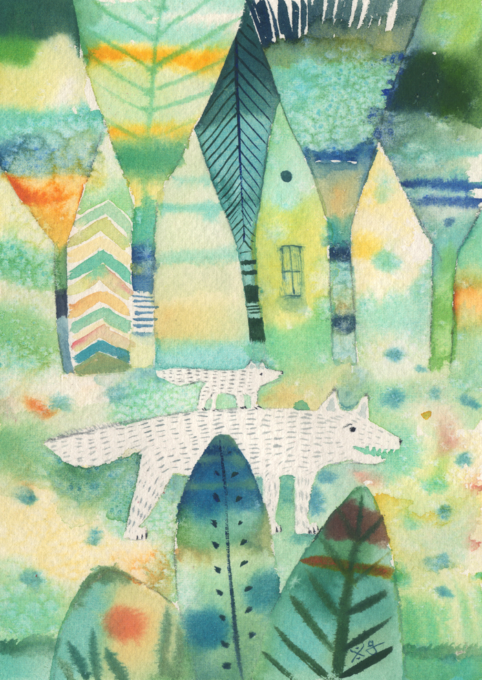 Белые волки в зеленом лесу. Акварель.