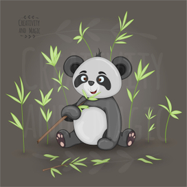 Панда сидит в бамбуковой роще и ест его