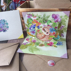 Акварельная открытка с зайкой и цветами