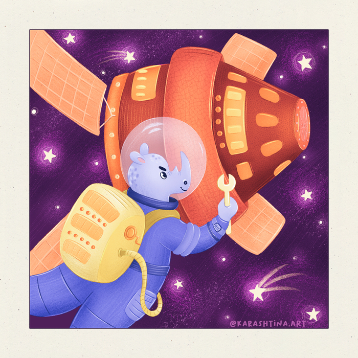 Иллюстрация из серии "Животные в космосе". Носорог