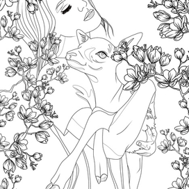 Девушка с оленёнком в цветении сакуры