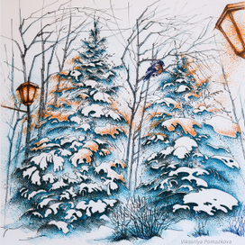 Зимний лес, фонари и пушистые ёлки