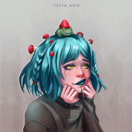 Арт с девушкой и лягушкой на голове