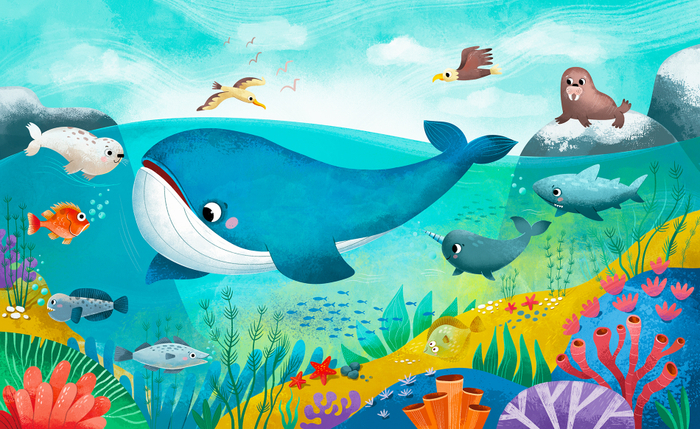 Иллюстрация для книги "Морские обитатели" издательства Clever 