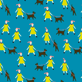 Девочка и ее собака на синем- яркий бесшовный паттерн