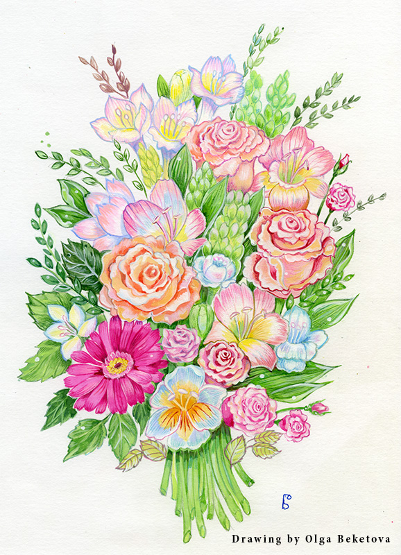 Большой букет с розами и фрезиями