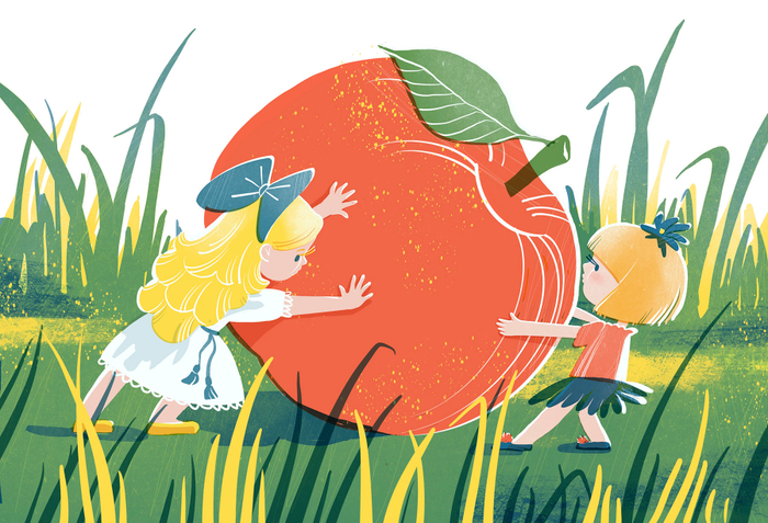 малышки катят яблоко "Незнайка"