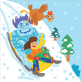 Веселый спуск с горы со снежным человеком, курицей и гекконом.