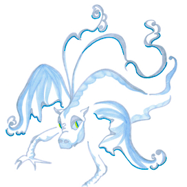 Blue-gray ice dragon with shining green eyes with curled wing tips and flowing ribbons on the neck