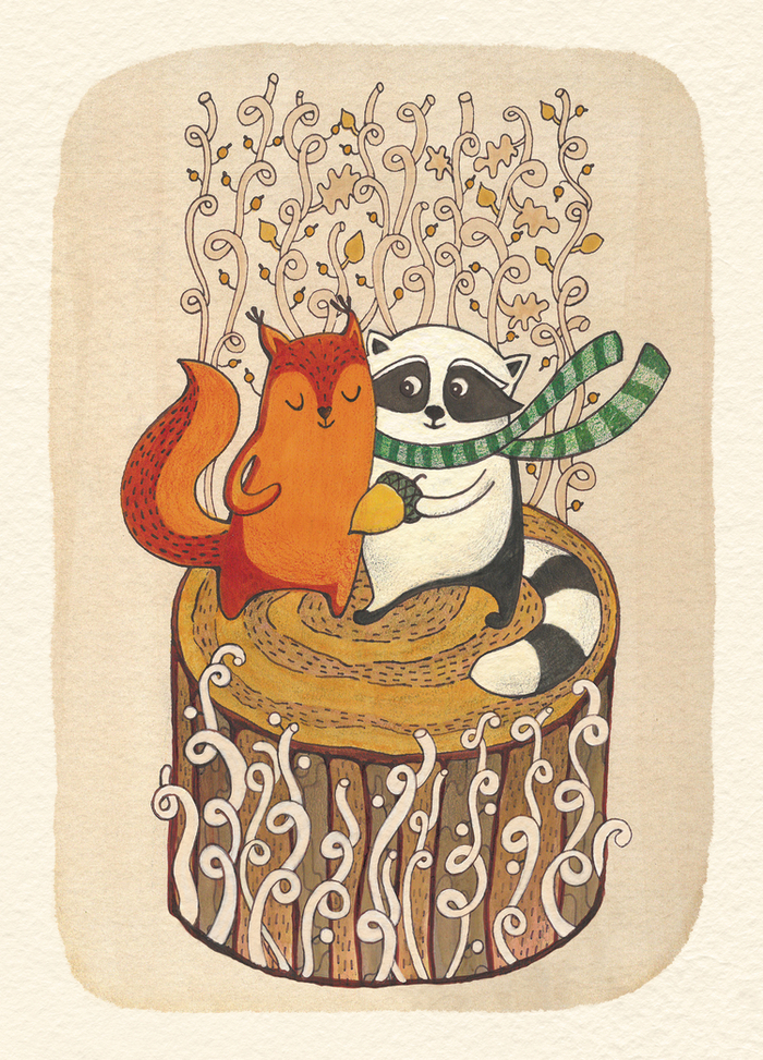 Енот любит Белку. Вот желудь ей подарил.