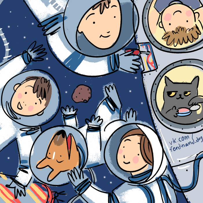 День космонавтики. Семья космонавтов собака и кот