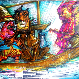 Пассажиры влодке и рулевой