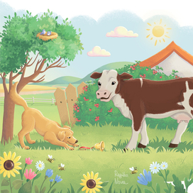 Щенок и Корова на ферме