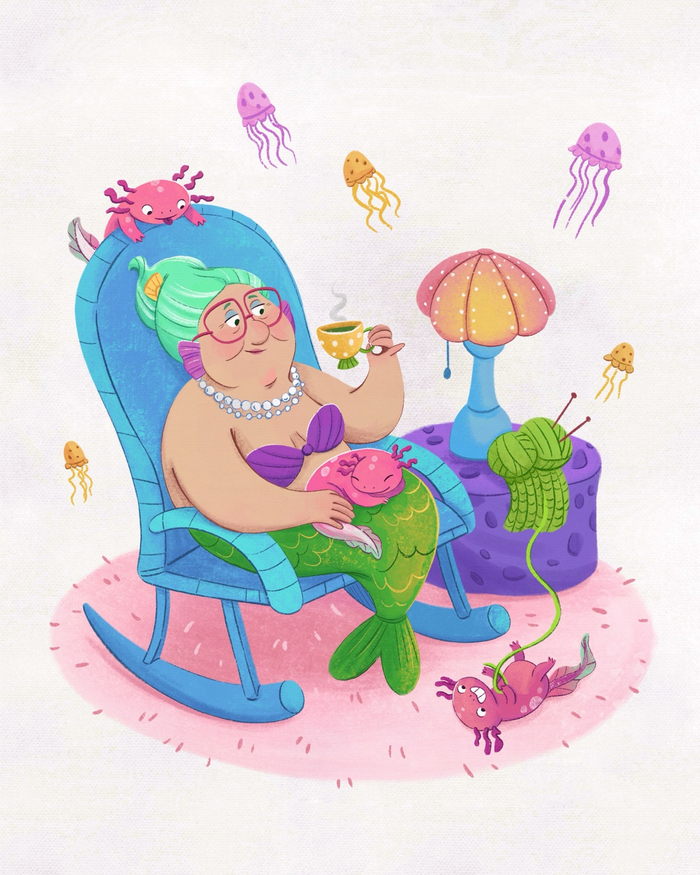 Русалка на пенсии. Детская иллюстрация 