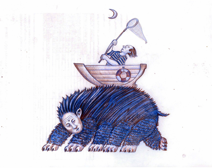 моряк сидя в лодке бросившей якорь на спине шестипалоко зверя, пытается сачком поймать полумесяц