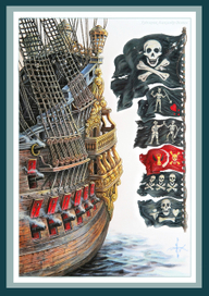 "Остров сокровищ". Борт военного корабля и пиратские флаги.