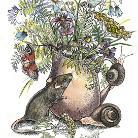 Натюрморт с мышкой и полевыми цветами