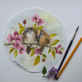 Воробушки на ветке. Цветы