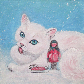 Сказочный белый кот и деревенская девочка