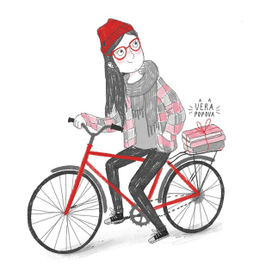 Иллюстрация девочка на красном велосипеде