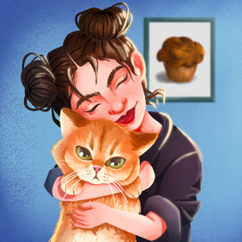 Девушка с котом Маффином, стилизованная иллюстрация по фото