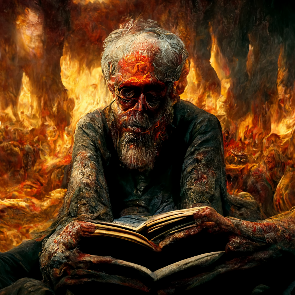 old man reading a book in hell