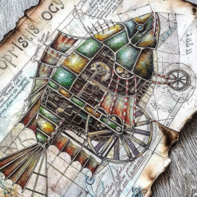 Иллюстрация рыба робот, лайнер, маркер, акварель, карандаши.