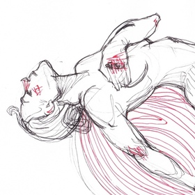 Серия набросков нарисованных красным и чёрным линером