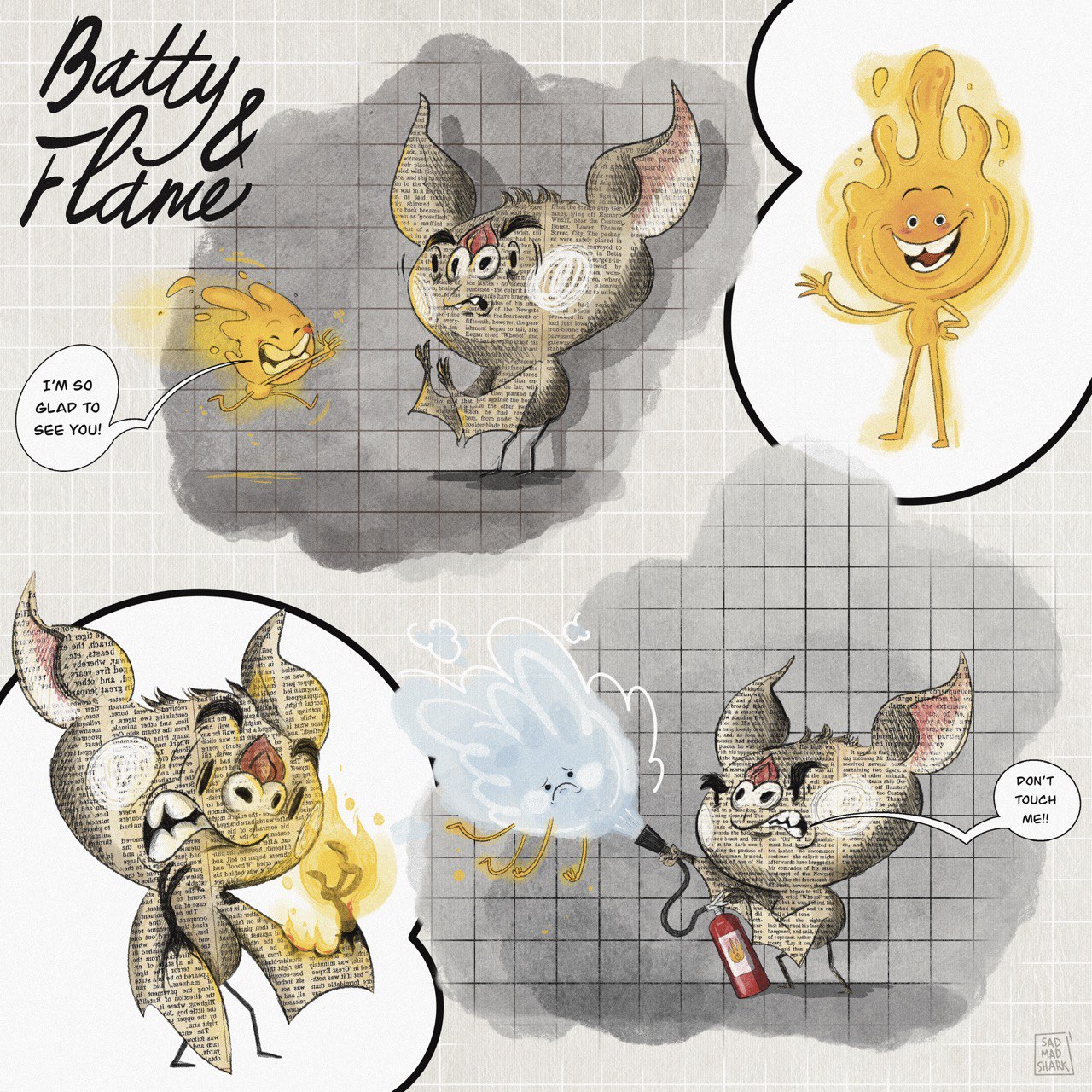 Batty & Flame / Character design + illustration