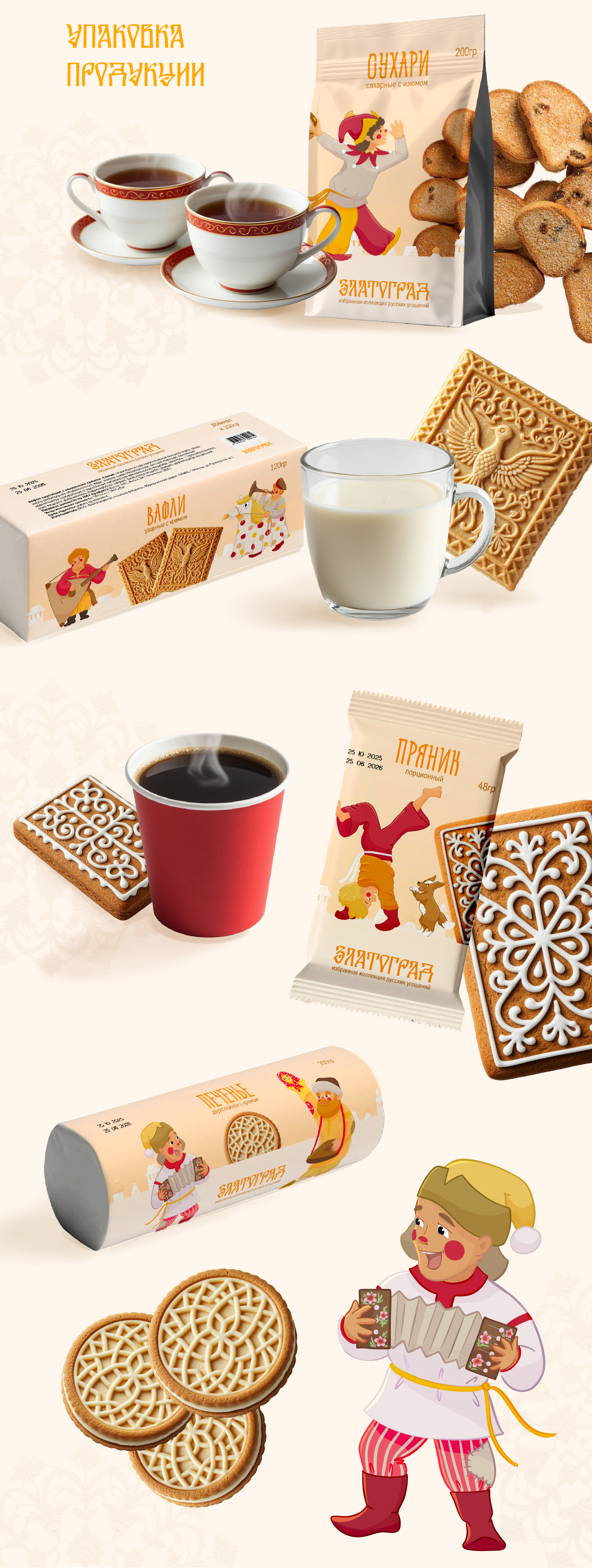 Персонажи-скоморохи для упаковки русских сладостей
