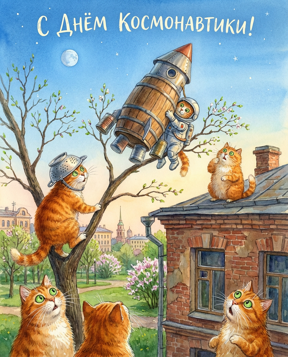 Открытки с котами на День Космонавтики