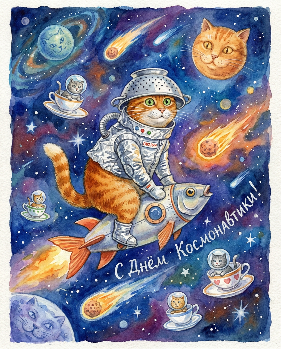 Открытки с котами на День Космонавтики