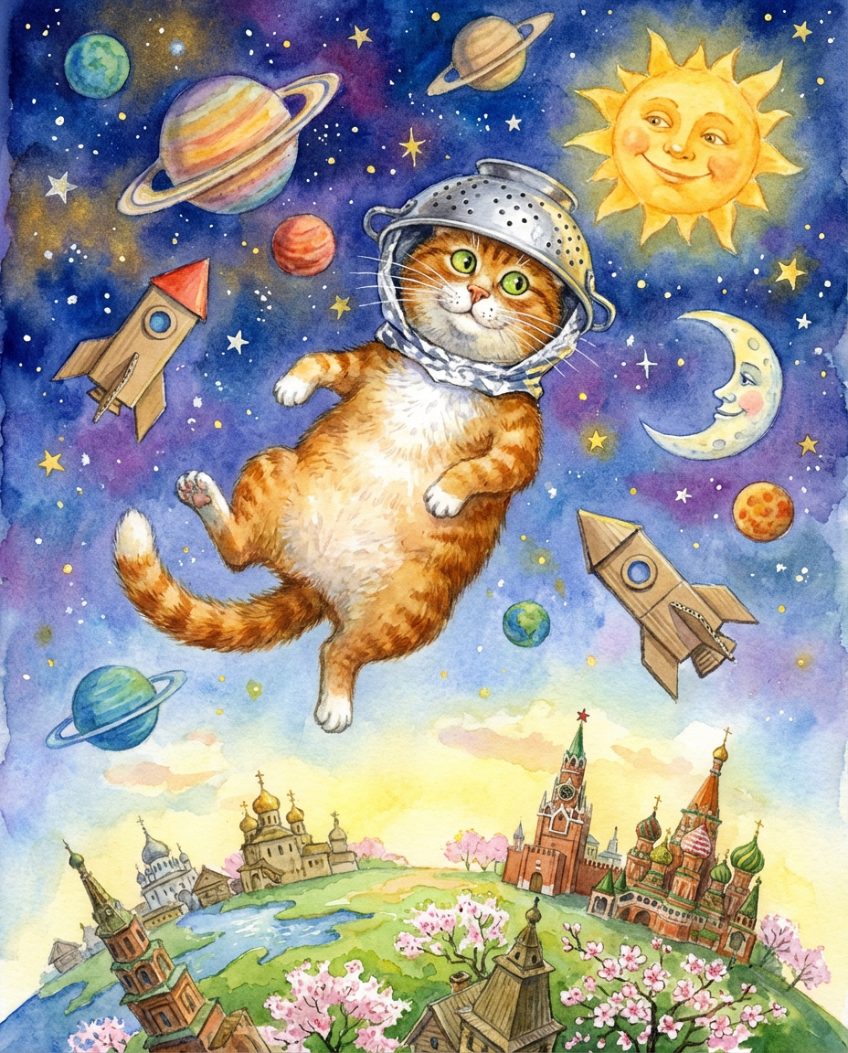 Открытки с котами на День Космонавтики
