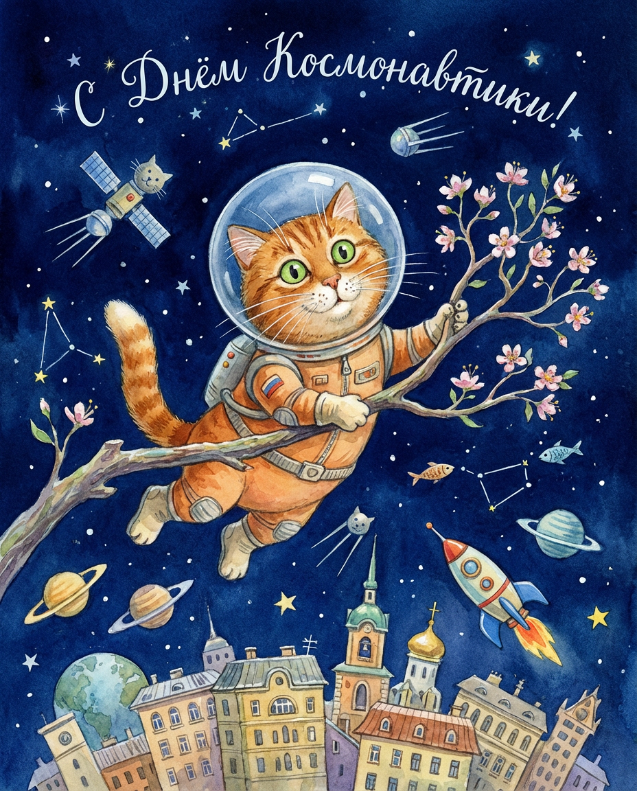 Открытки с котами на День Космонавтики