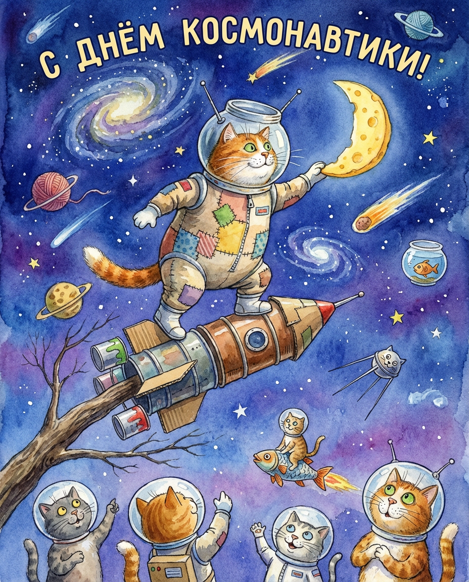 Открытки с котами на День Космонавтики