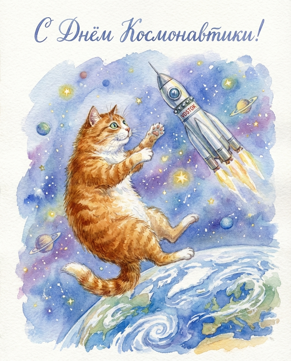 Открытки с котами на День Космонавтики
