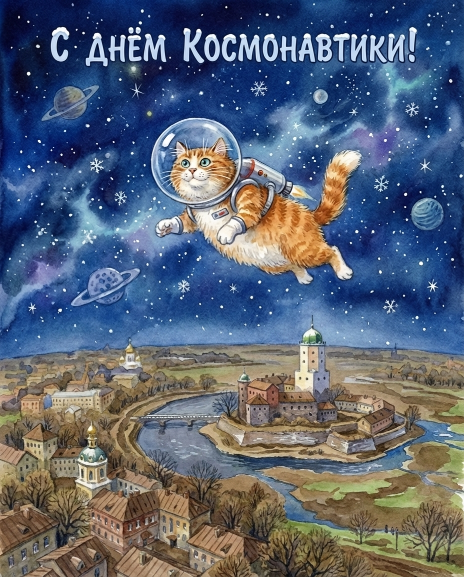 Открытки с котами на День Космонавтики