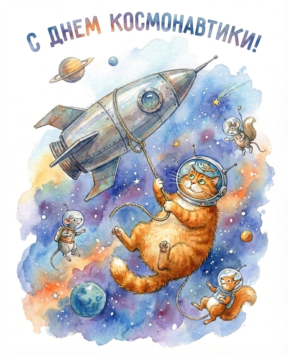 Открытки с котами на День Космонавтики