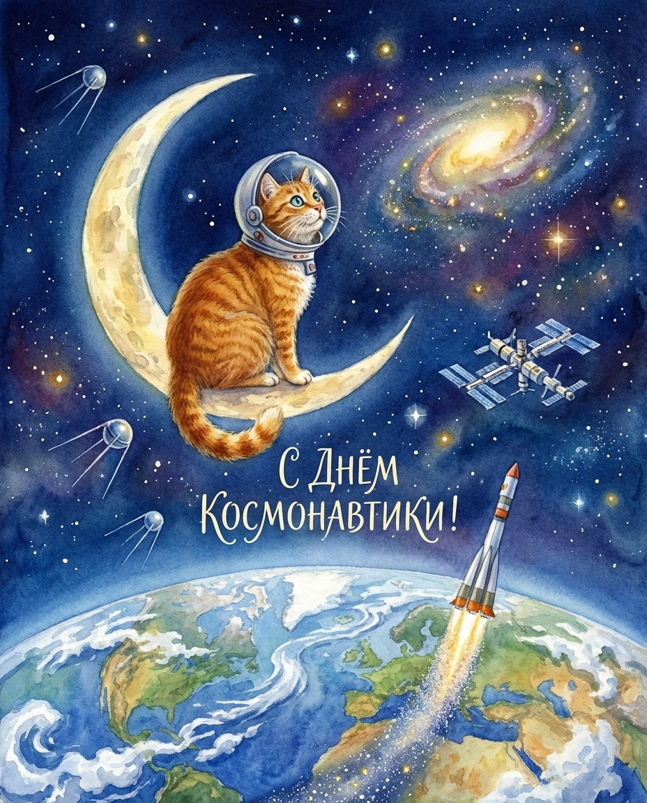 Открытки с котами на День Космонавтики